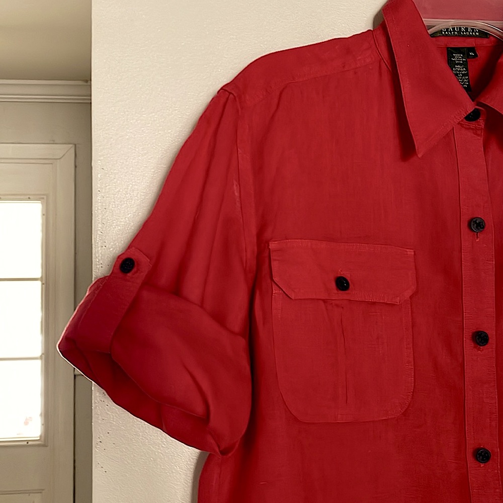 Lauren Ralph Lauren red linen button down shirt - Picture 6 of 8